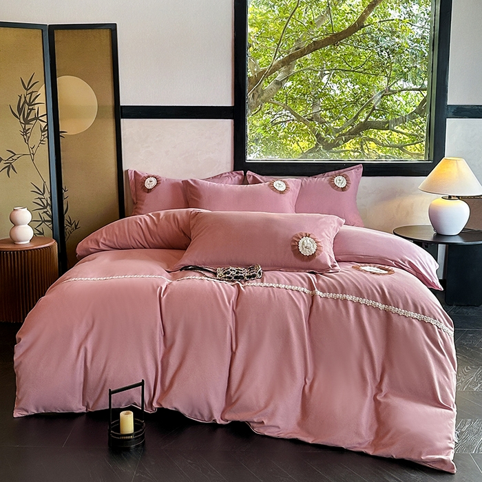 91家纺网 家纺一手货源 找家纺 宜家坊 2024秋冬加厚肌理纹碳素磨毛刺绣贴布绣花边新中式四件套 豆沙