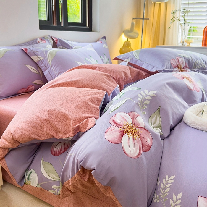 91家纺网 家纺一手货源 找家纺 润淳 2025全棉正宗13376四件套精梳棉印花纯棉三件套13372全棉四件套 兰亭花絮 紫