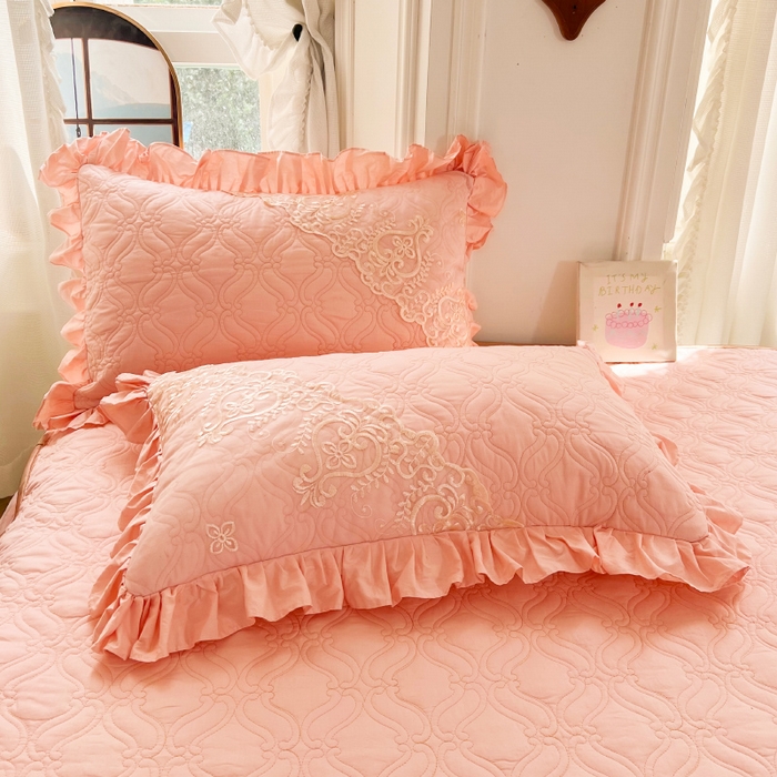 91家纺网 家纺一手货源 找家纺 罗艺轩 2024新款公主风全棉加厚可脱卸床笠式床裙四件套 慕雅-柔粉