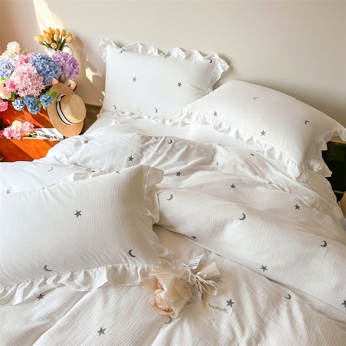 91家纺网 家纺一手货源 找家纺 木楌 2024全棉皱皱纱荷叶边刺绣工艺款四件套 星辰