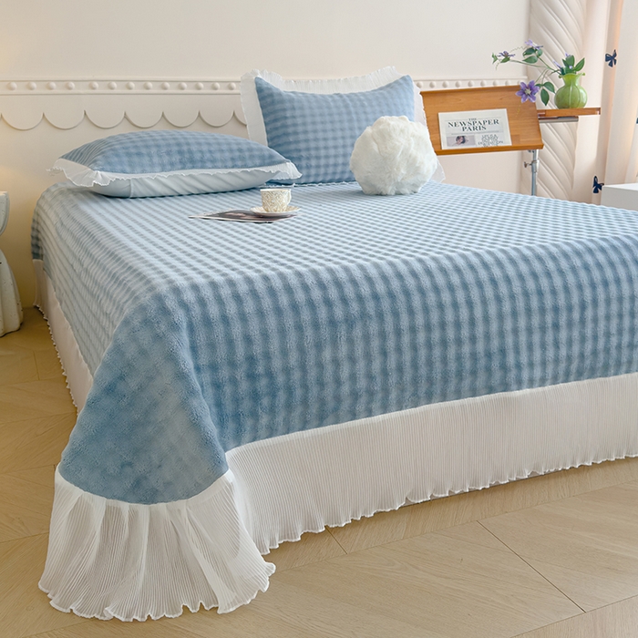 91家纺网 家纺一手货源 找家纺 冬然家纺 2024新款泡泡绒床裙四件套系列 泡泡绒-梦幻蓝