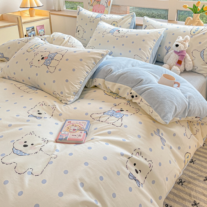 91家纺网 家纺一手货源 找家纺 麦伦家居 2024秋冬新品 多功能床品全棉+牛奶绒四件套 波点狗