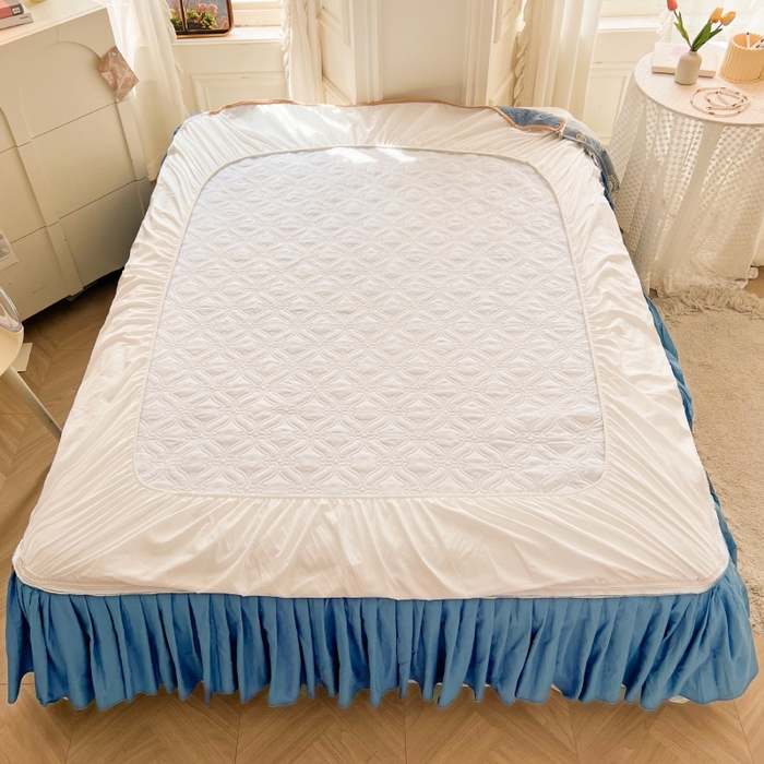 91家纺网 家纺一手货源 找家纺 罗艺轩 2024新款公主风全棉加厚可脱卸床笠式床裙四件套 慕雅-牛仔蓝