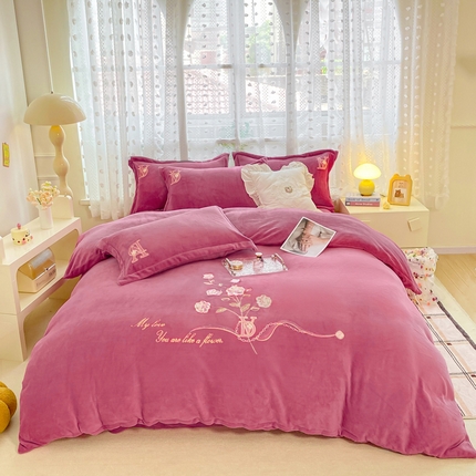 晶缦家纺 2024新款高克重牛奶绒刺绣花四件套 点点花季-豆沙