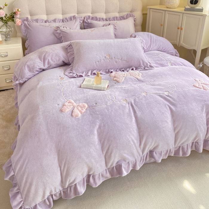 91家纺网 家纺一手货源 找家纺 蜜柚 2024新款全消光高克重韩版小清新贴布绣四件套 蝴蝶结-紫