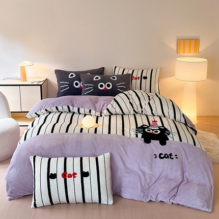 91家纺网 家纺一手货源 找家纺 如一 2024新款牛奶绒拼接工艺款贴布绣+毛巾绣四件套 毛巾绣-蛋糕猫