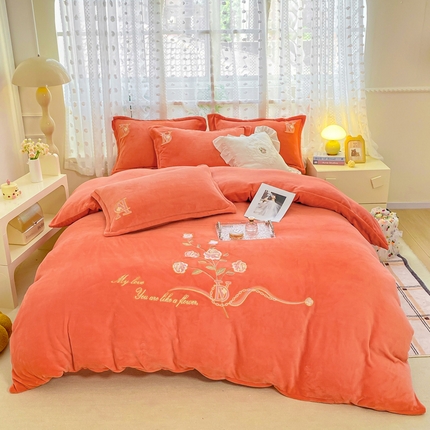晶缦家纺 2024新款高克重牛奶绒刺绣花四件套 点点花季-香橙