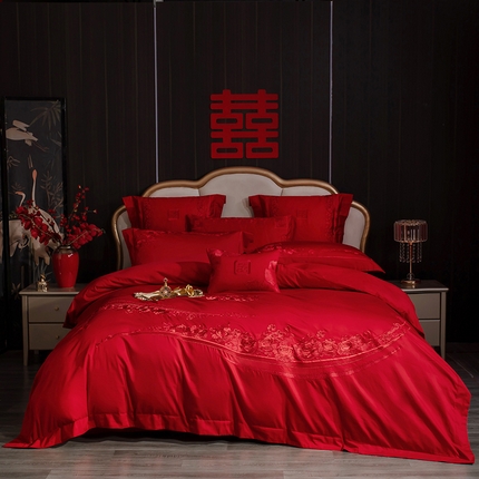 91家纺网 家纺一手货源 找家纺 蒂爵 全棉纯棉长绒棉全棉轻奢重工绣花工艺款婚庆四件套多件套时尚小红书热款 浪漫婚礼红