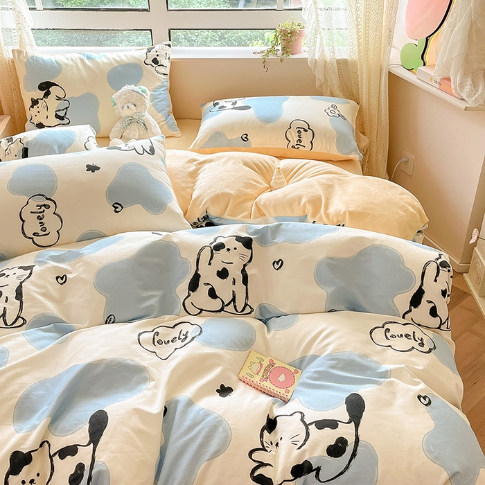 91家纺网 家纺一手货源 找家纺 麦伦家居 2024秋冬新品 多功能床品全棉+牛奶绒四件套 斑点猫