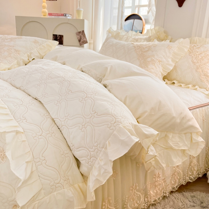 91家纺网 家纺一手货源 找家纺 罗艺轩 2024新款公主风全棉加厚可脱卸床笠式床裙四件套 慕雅-奶昔