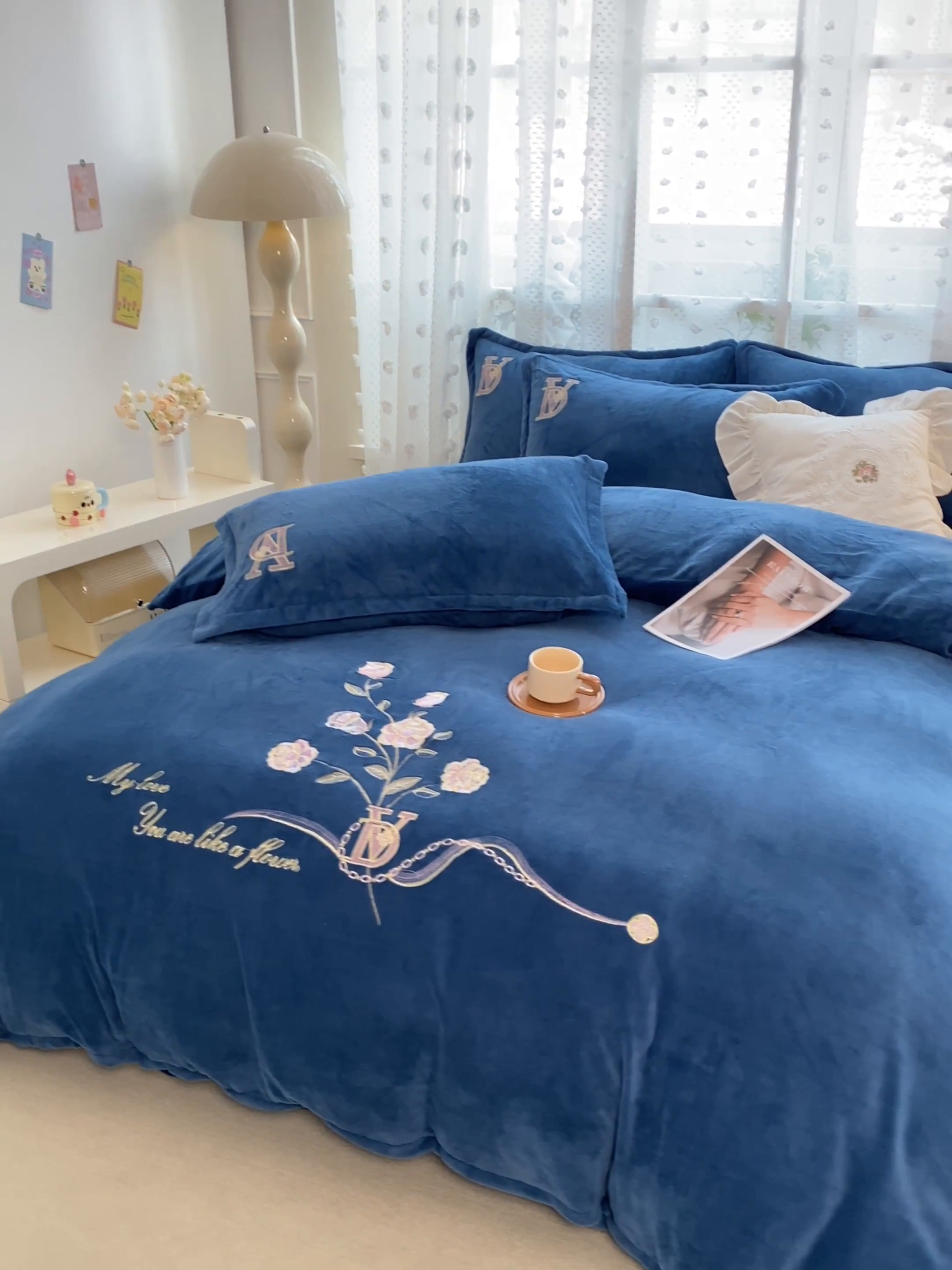 91家纺网 家纺一手货源 找家纺 （总）高克重牛奶绒刺绣花四件套舒适厚实冬季保暖牛奶绒四件套田园花卉系列