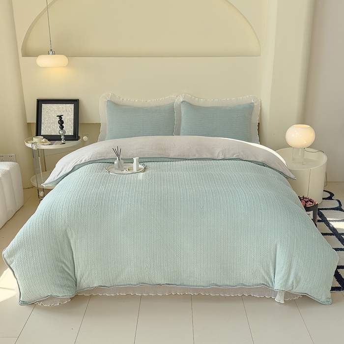 91家纺网 家纺一手货源 找家纺 冬然家纺 2024新款雕花绒床盖四件套系列 小麦穗-浅绿