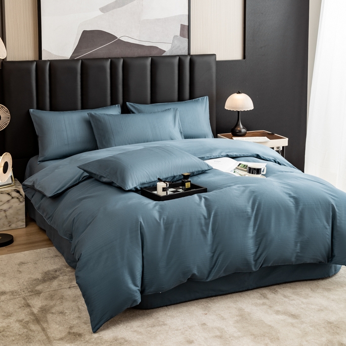 91家纺网 家纺一手货源 找家纺 简宜家居 2025新款60S长绒棉提花四件套 条纹-蓝