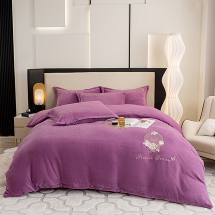 晶缦家纺 2024新款高克重牛奶绒刺绣花四件套 花仙子-淡紫