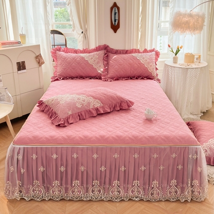 罗艺轩 2024新款公主风全棉加厚可脱卸床笠式床裙三件套 慕雅-豆沙