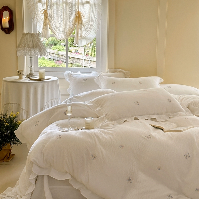 91家纺网 家纺一手货源 找家纺 木楌 2024全棉皱皱纱荷叶边刺绣工艺款四件套  蝶翼