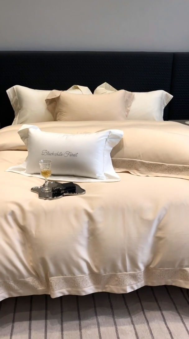 91家纺网 家纺一手货源 找家纺 黑白森林 2024新款50X50S天丝棉磨毛四件套 瑞丽-蜜合驼