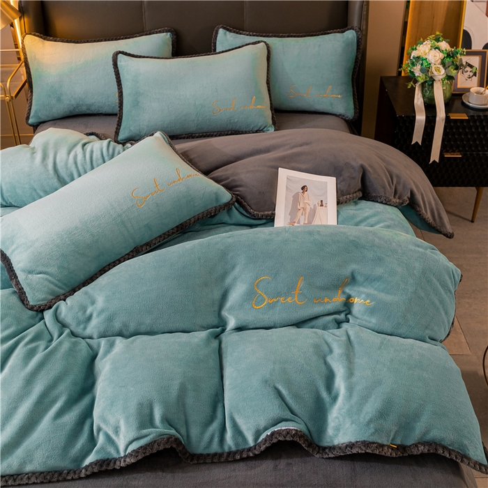 91家纺网 家纺一手货源 找家纺 吾诺 2024新款双拼色牛奶绒四件套 风格二 双拼湖兰