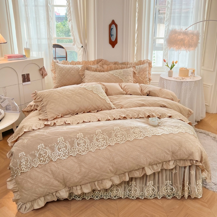 91家纺网 家纺一手货源 找家纺 罗艺轩 2024新款公主风全棉加厚可脱卸床笠式床裙四件套 慕雅-香槟