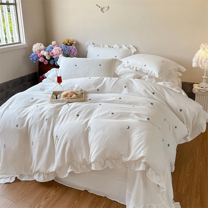 91家纺网 家纺一手货源 找家纺 木楌 2024全棉皱皱纱荷叶边刺绣工艺款四件套 星辰