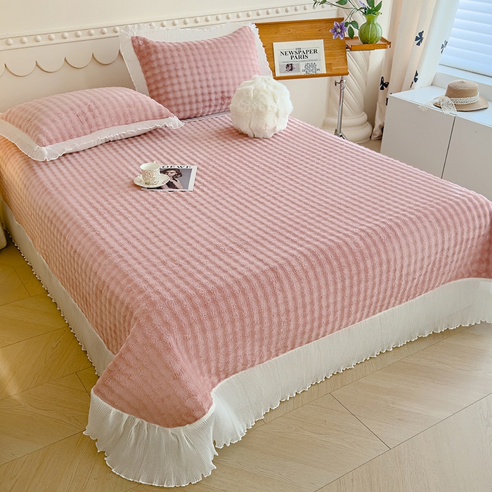 91家纺网 家纺一手货源 找家纺 冬然家纺 2024新款泡泡绒床裙四件套系列 泡泡绒-樱花粉