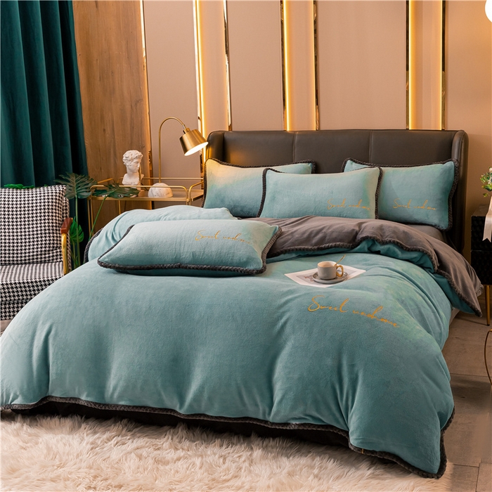 91家纺网 家纺一手货源 找家纺 吾诺 2024新款双拼色牛奶绒四件套 风格二 双拼湖兰