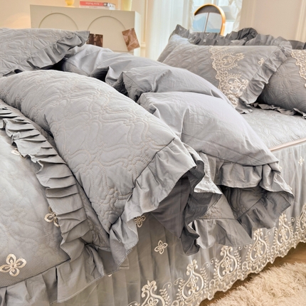 罗艺轩 2024新款公主风全棉加厚可脱卸床笠式床裙四件套 慕雅-迷雾灰