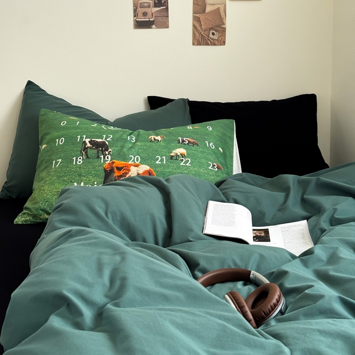 91家纺网 家纺一手货源 找家纺 艾沁家纺 2024新款简约风全棉色织水洗棉混搭四件套 墨绿+黑(黑色枕+印花枕)