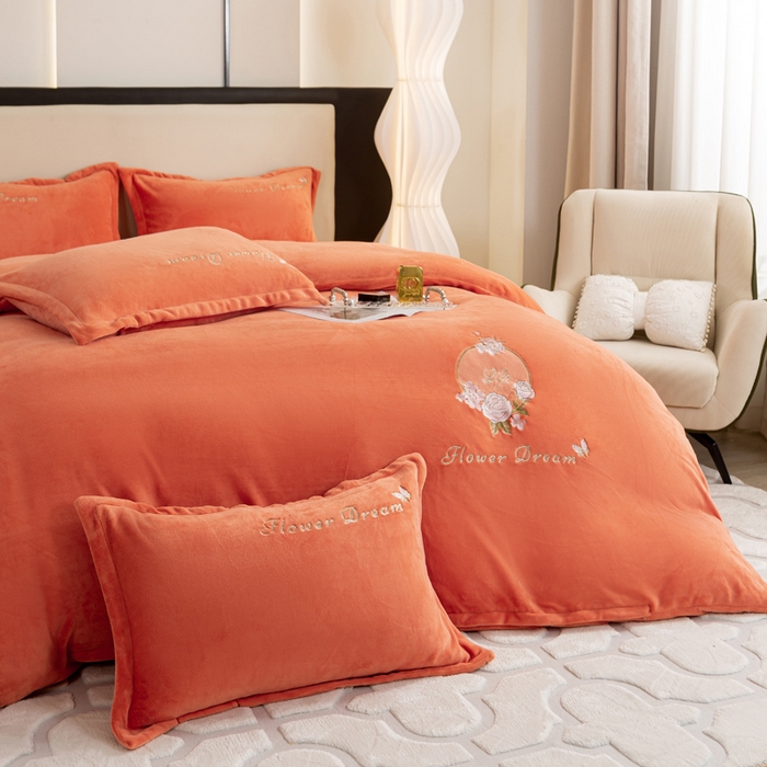 91家纺网 家纺一手货源 找家纺 晶缦家纺 2024新款高克重牛奶绒刺绣花四件套 花仙子-香橙