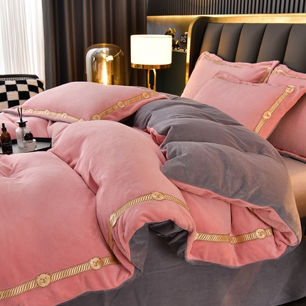 云家 （包含买家秀）2024新款高克重牛奶绒纯色双拼刺绣四件套珊瑚绒 凯迪系列 凯迪-蜜粉+高级灰