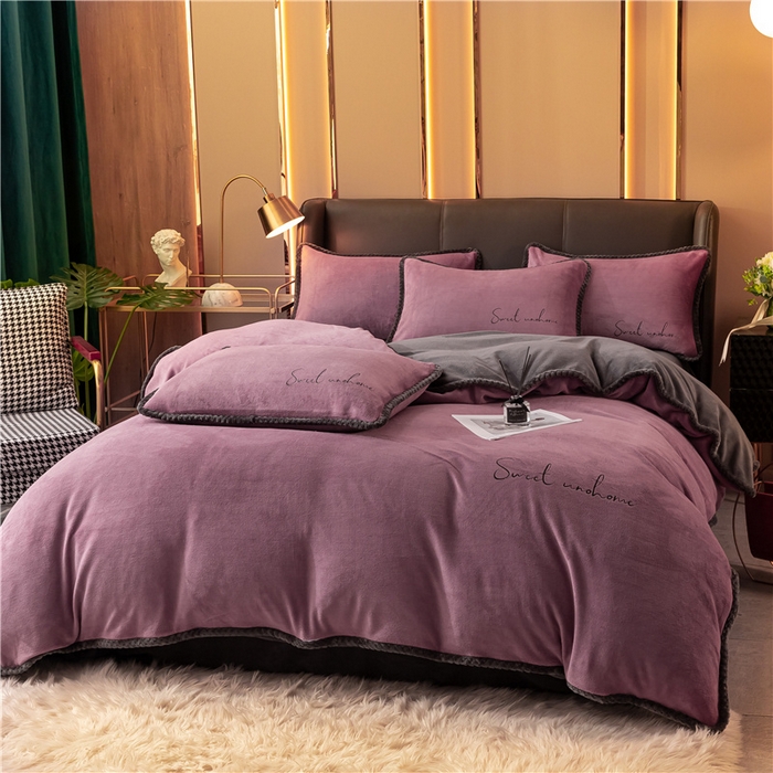 91家纺网 家纺一手货源 找家纺 吾诺 2024新款双拼色牛奶绒四件套 风格二 双拼浅紫