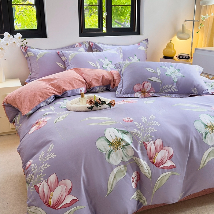 91家纺网 家纺一手货源 找家纺 润淳 2025全棉正宗13376四件套精梳棉印花纯棉三件套13372全棉四件套 兰亭花絮 紫
