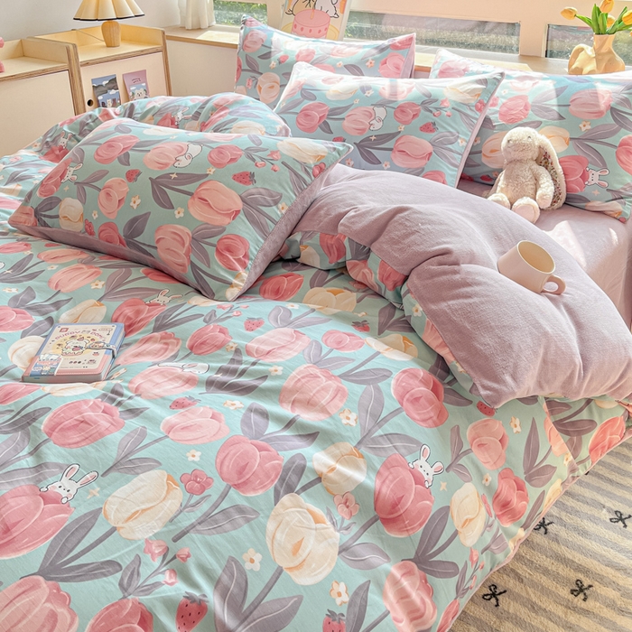 91家纺网 家纺一手货源 找家纺 麦伦家居 2024秋冬新品 多功能床品全棉+牛奶绒四件套郁金花镜紫