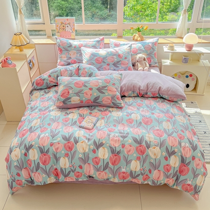 91家纺网 家纺一手货源 找家纺 麦伦家居 2024秋冬新品 多功能床品全棉+牛奶绒四件套郁金花镜紫