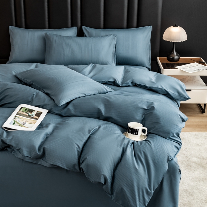 91家纺网 家纺一手货源 找家纺 简宜家居 2025新款60S长绒棉提花四件套 条纹-蓝