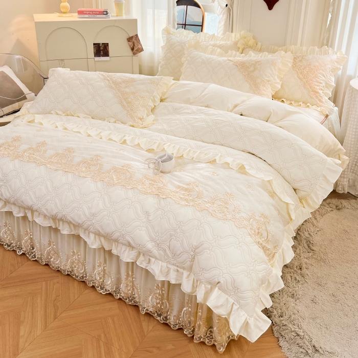 91家纺网 家纺一手货源 找家纺 罗艺轩 2024新款公主风全棉加厚可脱卸床笠式床裙四件套 慕雅-奶昔