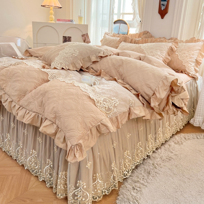 91家纺网 家纺一手货源 找家纺 罗艺轩 2024新款公主风全棉加厚可脱卸床笠式床裙四件套 慕雅-香槟