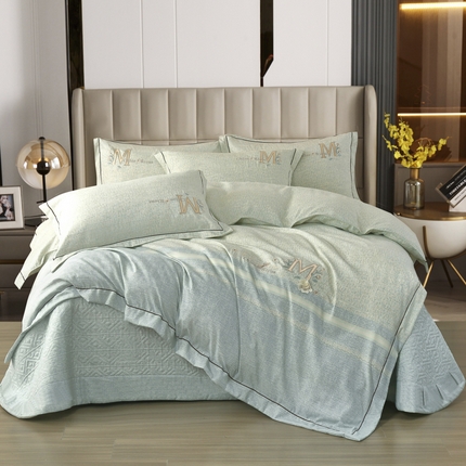 91家纺网 家纺一手货源 找家纺 OL家纺 2024新款磨毛肌理纹刺绣轻奢风床盖夹棉四件套--璀璨年华 云门青