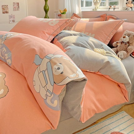 暖芯优选 2025直播热款加厚全棉磨毛四件套喷气印花纯棉（一字绣工艺款）学生三件套9月上新 小熊