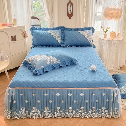 罗艺轩 2024新款公主风全棉加厚可脱卸床笠式床裙三件套 慕雅-牛仔蓝