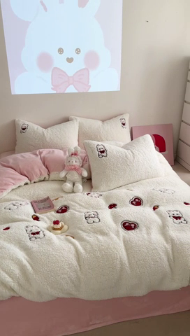 91家纺网 家纺一手货源 找家纺 蜜柚 2024新款高克重羊羔绒牛奶绒毛巾绣四件套 欢乐兔小姐