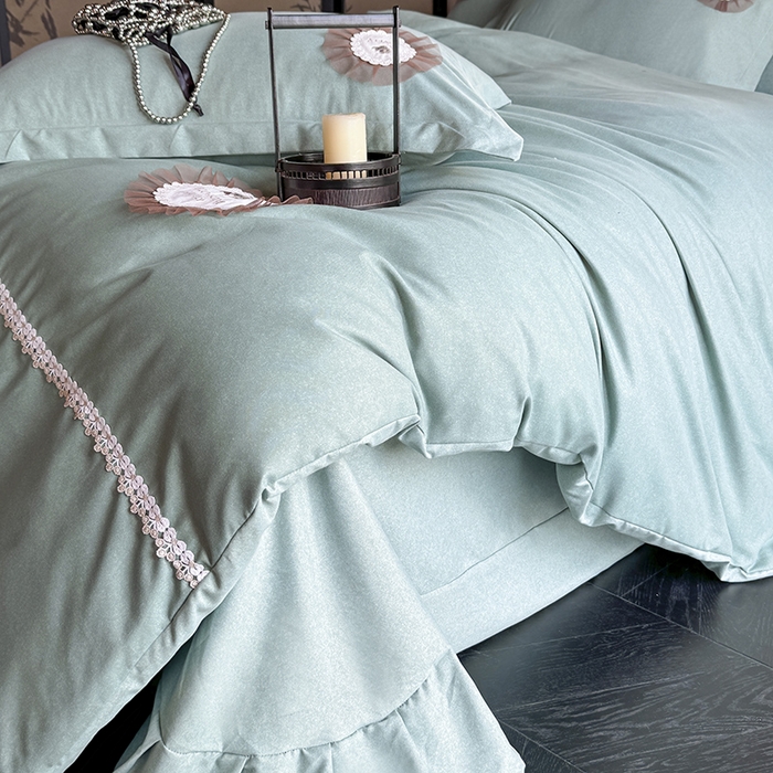 91家纺网 家纺一手货源 找家纺 宜家坊 2024秋冬加厚肌理纹碳素磨毛刺绣贴布绣花边新中式四件套 绿色