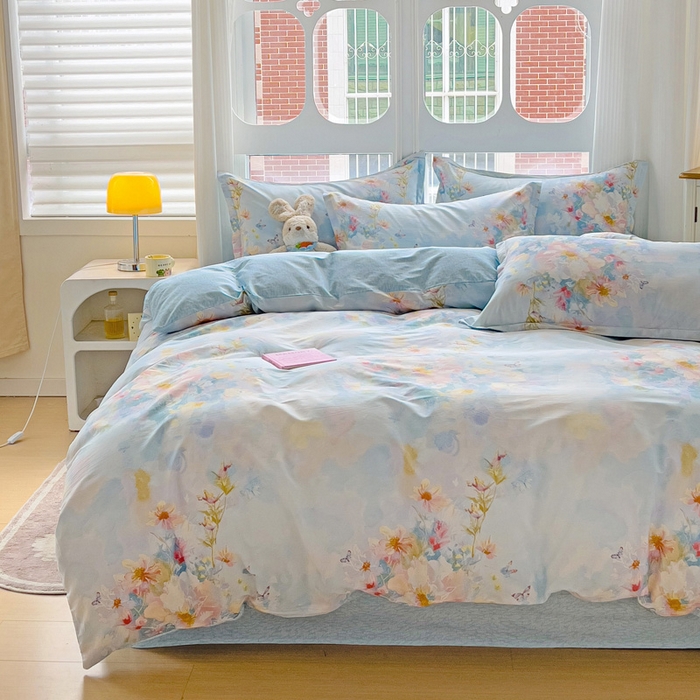 91家纺网 家纺一手货源 找家纺 暖芯优选 2025直播爆款全棉ins印花四件套纯棉床单床笠学生三件套9月上新 优漫蓝语