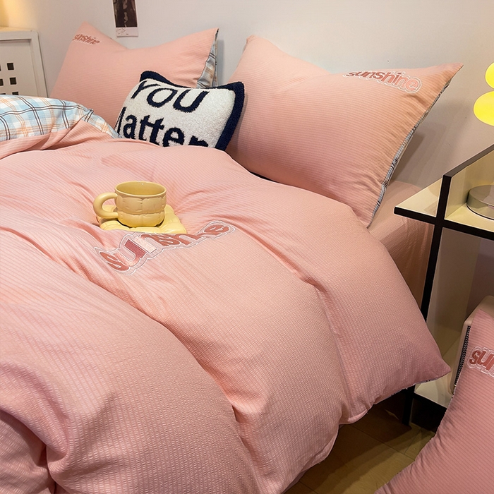 91家纺网 家纺一手货源 找家纺 眠帛家居 2024新款水洗棉磨毛提花刺绣四件套阳光系列 阳光-奶油粉