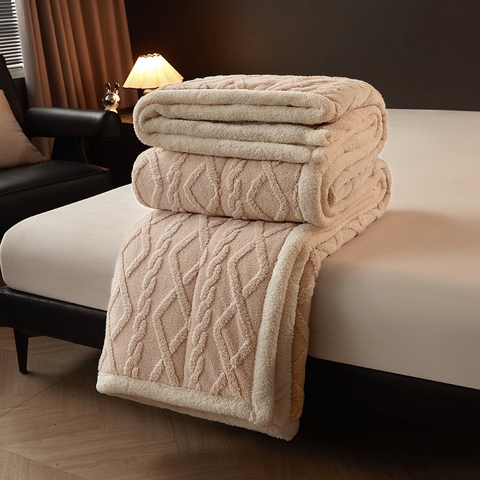 91家纺网 家纺一手货源 找家纺 澳梵家居 2024新款三层夹棉加厚塔肤绒毛毯-场景二 卡其白