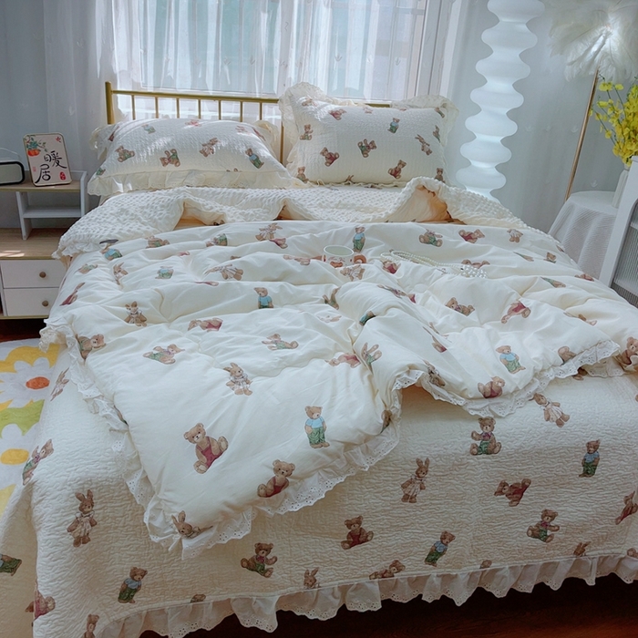91家纺网 家纺一手货源 找家纺 暖居 2024暖居韩版纯棉豆豆被高温砂洗床盖四件套同款全棉被套 熊和兔