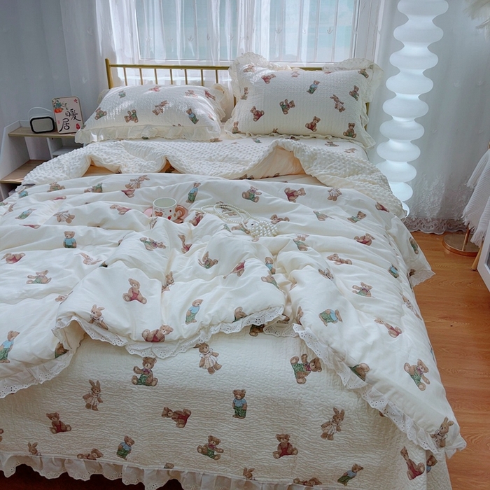 91家纺网 家纺一手货源 找家纺 暖居 2024暖居韩版纯棉豆豆被高温砂洗床盖四件套同款全棉被套 熊和兔