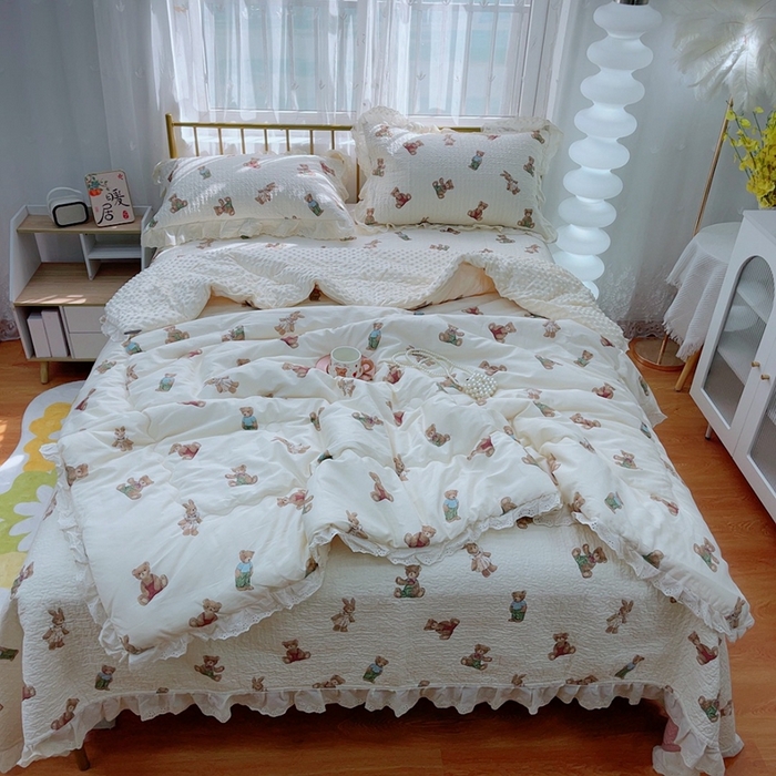 91家纺网 家纺一手货源 找家纺 暖居 2024暖居韩版纯棉豆豆被高温砂洗床盖四件套同款全棉被套 熊和兔