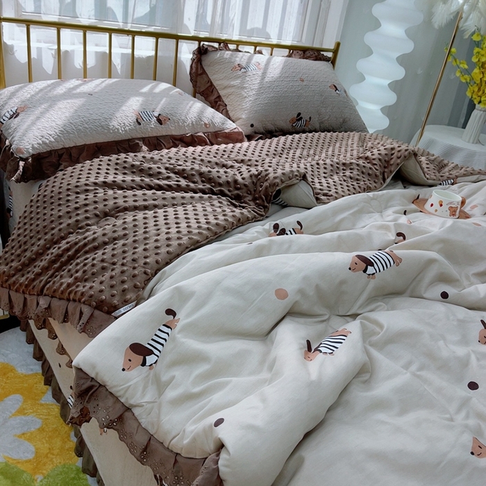 91家纺网 家纺一手货源 找家纺 暖居 2024暖居韩版纯棉豆豆被高温砂洗床盖四件套同款全棉被套 拉拉狗