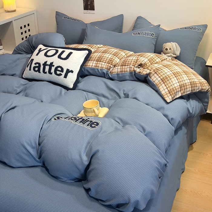 91家纺网 家纺一手货源 找家纺 眠帛家居 2024新款水洗棉磨毛提花刺绣四件套阳光系列 阳光-冰岛蓝